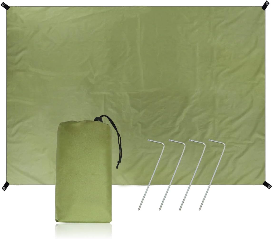 Camping Tent Tarp, Waterproof Tent Footprint Reinforced Eyelets, Anti-UV Folded Multipurpose Tarpaulin Picnic Blanket with Metal Pegs for Garden Outdoor Sunshade (M-2.1 x 2m / 6.9 x 6.5ft, Army Green)