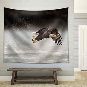 an Adult Bald Eagle Grabs a Fish from The Water Early One Morning with a Big Splash Behind It as It Flies Away. - Fabric Wall Tapestry Home Decor - 51x60 inches