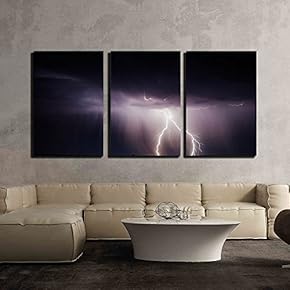 3 Piece Canvas Wall Art - Lightning in Dark Night Sky - Modern Home Art Stretched and Framed Ready to Hang - 16"x24"x3 Panels