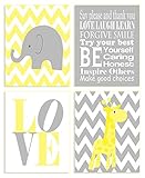 The Kids Room By Stupell Yellow And Grey Chevron Elephant And Giraffe Typography 4-Pc. Rectangle Wall Plaque Set, Proudly Made in USA