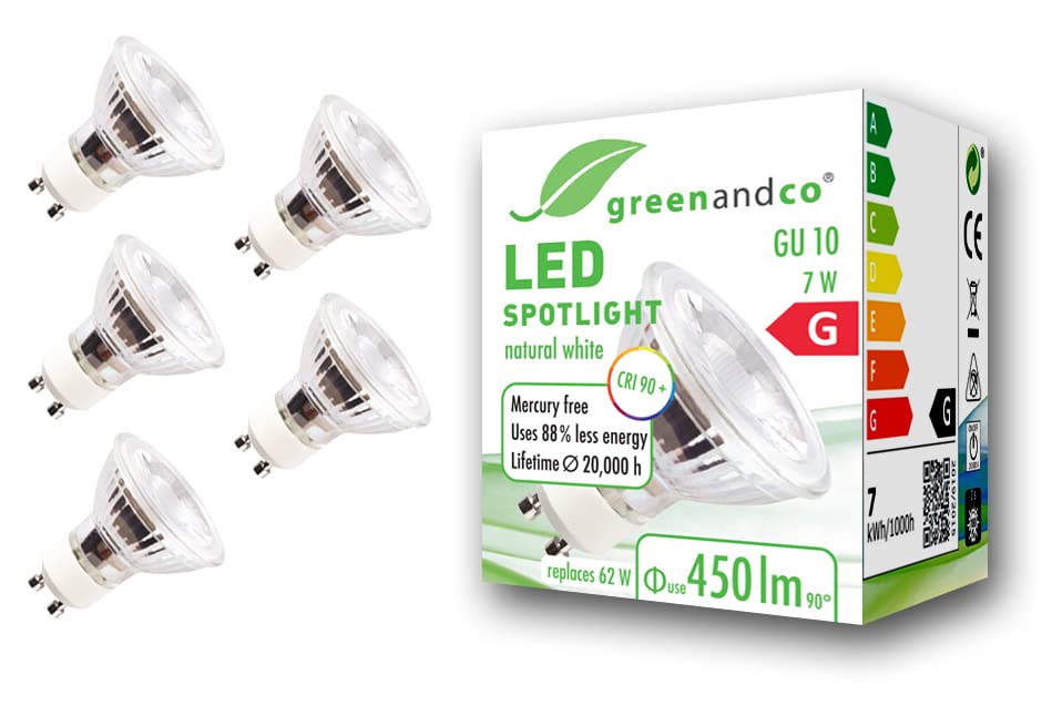 greenandco® CRI 90+ 4000K 36° LED spot Replaces 62 Watt GU10 Halogen Spotlight, 7W 450 Lumen Neutral White 230V, no Flicker, not dimmable, 5-Pack