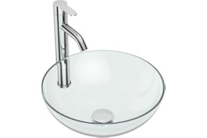 Lofeyo Small Bathroom Sink 14" Clear Glass Vessel Sink With Faucet And Drain Combo Modern Round Shape Artistic Basin Bathroom Vessel Sinks Above Counter Small 5" Deep Vessel Sink LOF-CL33666