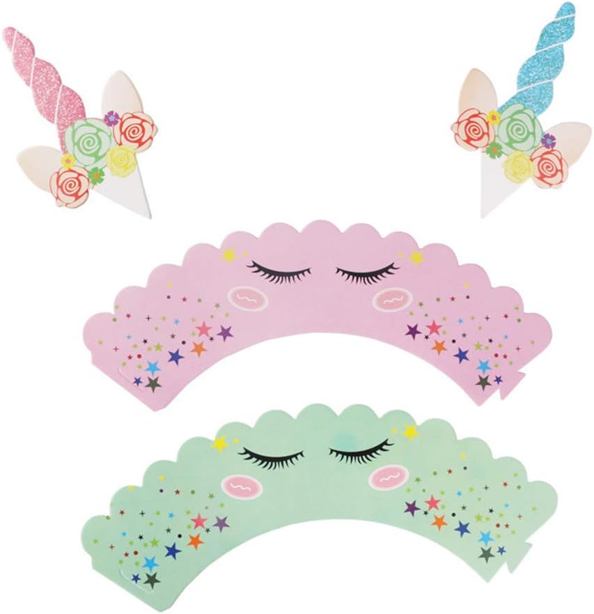 Crmresin 12 Sets Cupcake Topper and Wrapper Set, Unicorn Cake Flag Toppers Pink and Green Cupcake Wrapper for Birthday Party Baby Shower