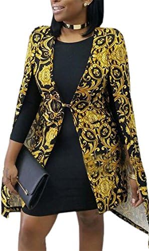 Ptyhk RG Women's Cape Blazer Split Sleeve African Dashiki Floral Print Cloak Jacket Coat Black L