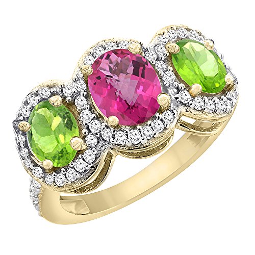 10K Yellow Gold Natural Pink Sapphire & Peridot 3-Stone Ring Oval Diamond Accent, size 10