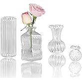 Ouliget Mini Clear Glass Bud Vases Bulk,Small Ribbed Vintage Miniature Vases for Table Decorations Centerpieces,Flower Vase for Wedding Decor Rustic Decorative,4Pieces