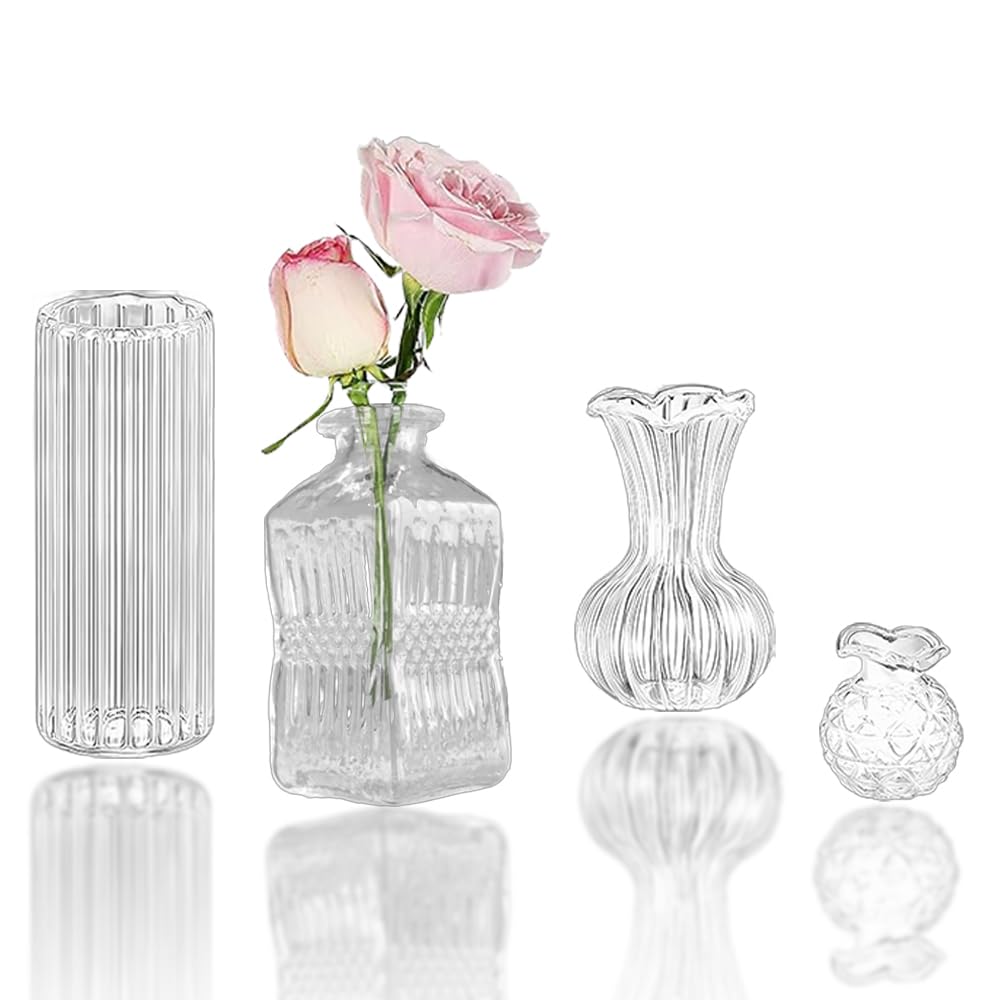 Miupoo Mini Clear Glass Bud Vases Bulk,Small Ribbed Vintage Miniature Vases for Table Decorations Centerpieces,Flower Vase for Wedding Decor Rustic Decorative,4Pieces