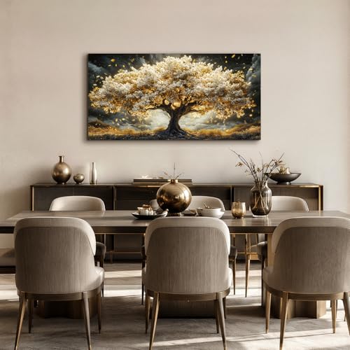 JHHUAMO Cuadros Decoracion Salon Modernos, Lienzos Decorativos Grandes, Laminas Decorativas Dorado Árbol de la Vida, Pinturas Naturaleza Artística Dormitorios Oficina Habitacion Pasillo 50x100 cm