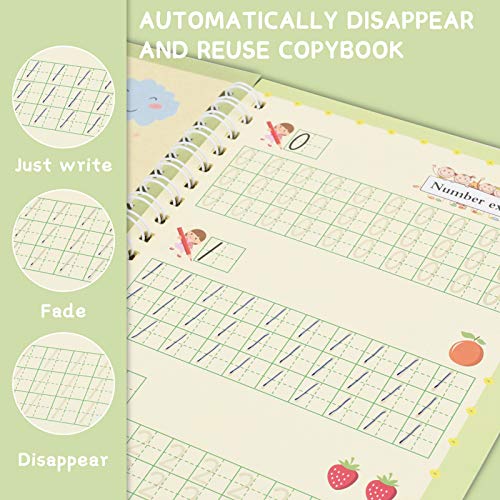 English Magic Practice Copybook for Kids, 4 Pieces Reusable Writing Practice Book Set, Magic Calligraphy Tracing Copybook, for Kid Learning Alphabet, Number, Mathematics, Drawing (Contains Pen)