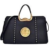 Dasein Faux Buffalo Leather Studded Expandable Hinge Handle Satchel, Shoulder Bag, Handbag, Tablet Bag, iPad Bag