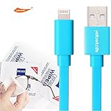 YellowKnife MFi Certified-IOS 7 Noodle Flat 8pin Lightning (3.2ft) Colorful USB Cable Supports Charging And Syncing for iPhone 5 5S 5C,iPad (Air/4th generation),iPad mini,iPod (7th generation),iPod touch (5th generation)&iPod nano(7th generation) With ZEISS Zeiss Pre-Moistened Lens Cloths (Aqua-T)