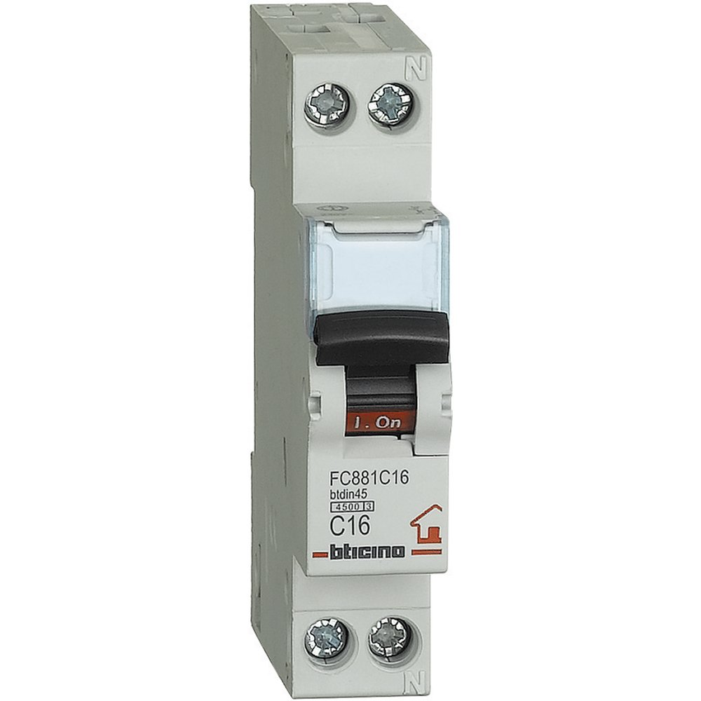 Bticino Industrial FP BTDIN45 Switch, Circuit Breaker, C10, 1P+N, 1 m, 4500 A, Manual, Push Button Actuator, DIN Rail Mount
