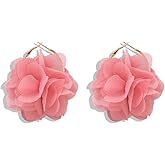 Bohemian Lightweight Big Fabric Flowers Dangle Earrings Handmade Charm Chic Petal Hoop Earrings Chiffon Floral Tassel Drop Earrings for Women Vacation Wedding Jewelry
