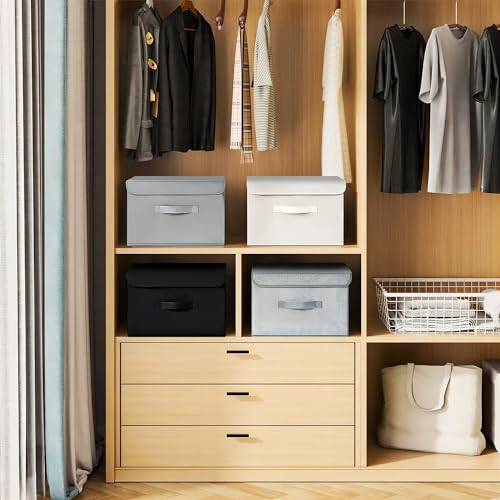 Homsorout Foldable Storage Boxes with Lids - Wardrobe Organiser Bin with Handle Fabric Basket Containers for Clothes, Book, Shelf, Office, Large x2-23.75L, Black