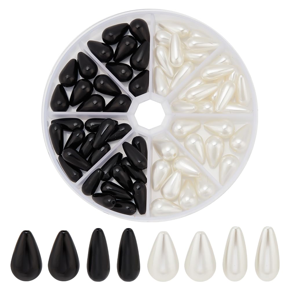 arricraft 80 Pcs Pearl Beads, 2 Sizes Black and White Pearlized Beads Luster Satin Loose Beads Plastic Pearl Beads Water Drop Imitation Pearl Beads for Necklace Bracelet Jewelry Making