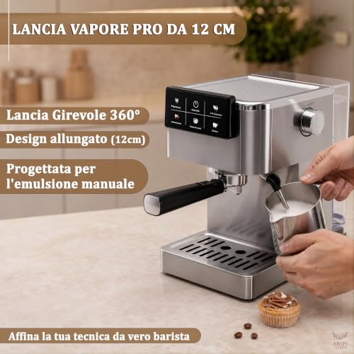 Macchina Caffè Polvere e Cialde AD 4390, Macchina Caffè Macinato da 20 Bar, Sistema Riscaldamento Rapido 20s e Controllo PID, Funzione Espresso Cool, Acciaio Inossidabile, Montalatte Integrato