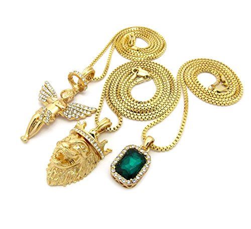 Micro Colorful Gemstone, Angle, Lion Pendant 24",30" Box Chain 3 Necklace Set Gold Tone RC1413G (Green)