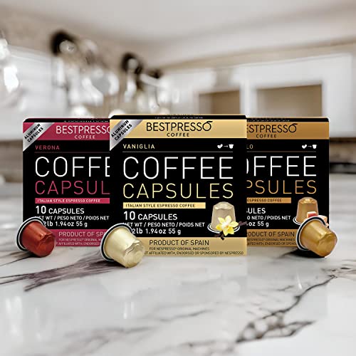 Bestpresso Coffee for Nespresso Original Machine 120 Aluminum pods Certified Genuine Espresso Variety Pack mix Flavored and Dark roast, Pods Compatible with Nespresso Original