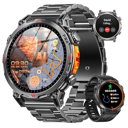 Men's GPS Smart Watch, 1.6 Inch AMOLED Touch Screen, Military Smart Watch, Bluetooth Calls/ChatGPT/IA/100+ Sports Modes, Men's Android iOS Sports Watch