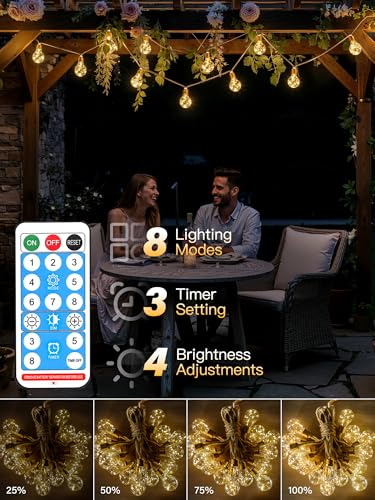 Ollny Solar Fairy Lights Outdoor 24 Bulbs, 12 m Fairy Lights Outdoor Weatherproof Warm White, with 8 Modes, Timer & Dimmable, Solar Fairy Lights with Hemp Rope for Garden, Party, Balcony, Yard