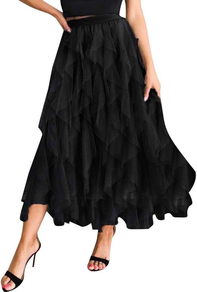 Timagebreze High Waisted Long Skirts Womens Summer Asymmetrical Ruffle Mesh Skirt Tulle Midi