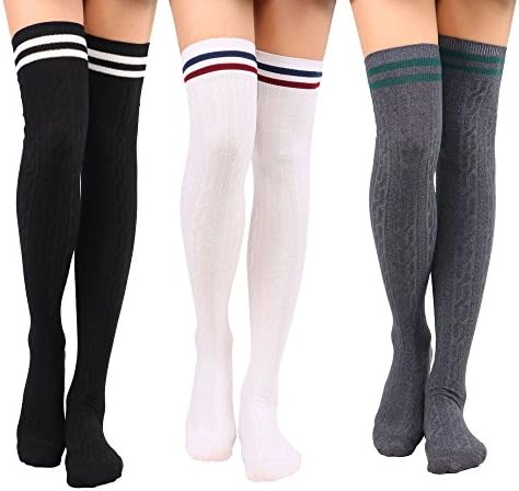 Women's Thigh High Cable Knit Striped Winter Tube Socks,3 Pack-Black/WH/Grey