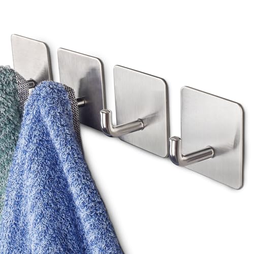 Budding Joy Adhesive Hooks Heavy Duty Stick on Wall Towel Door Waterproof Stainless Steel Holders for Hanging Clothes Bathroom Hook 4 Pack