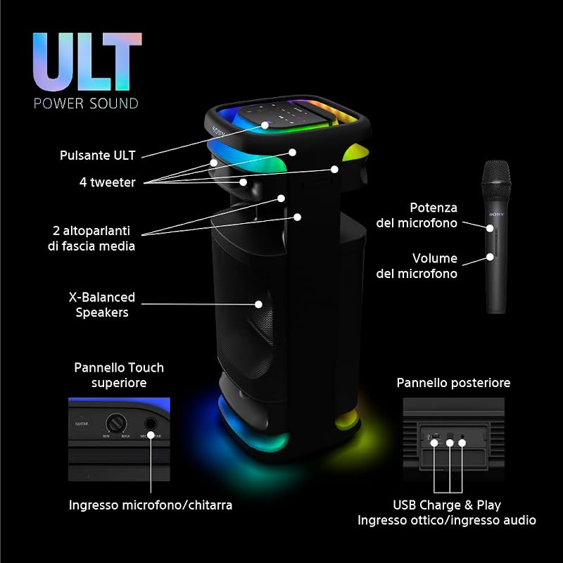 ULT TOWER 10 - Altoparlante Bluetooth per feste con ULT POWER SOUND, bassi profondi, altoparlanti X-Balanced, luci a LED a 360 gradi, microfono wireless, portatile, con maniglia e ruote - Black