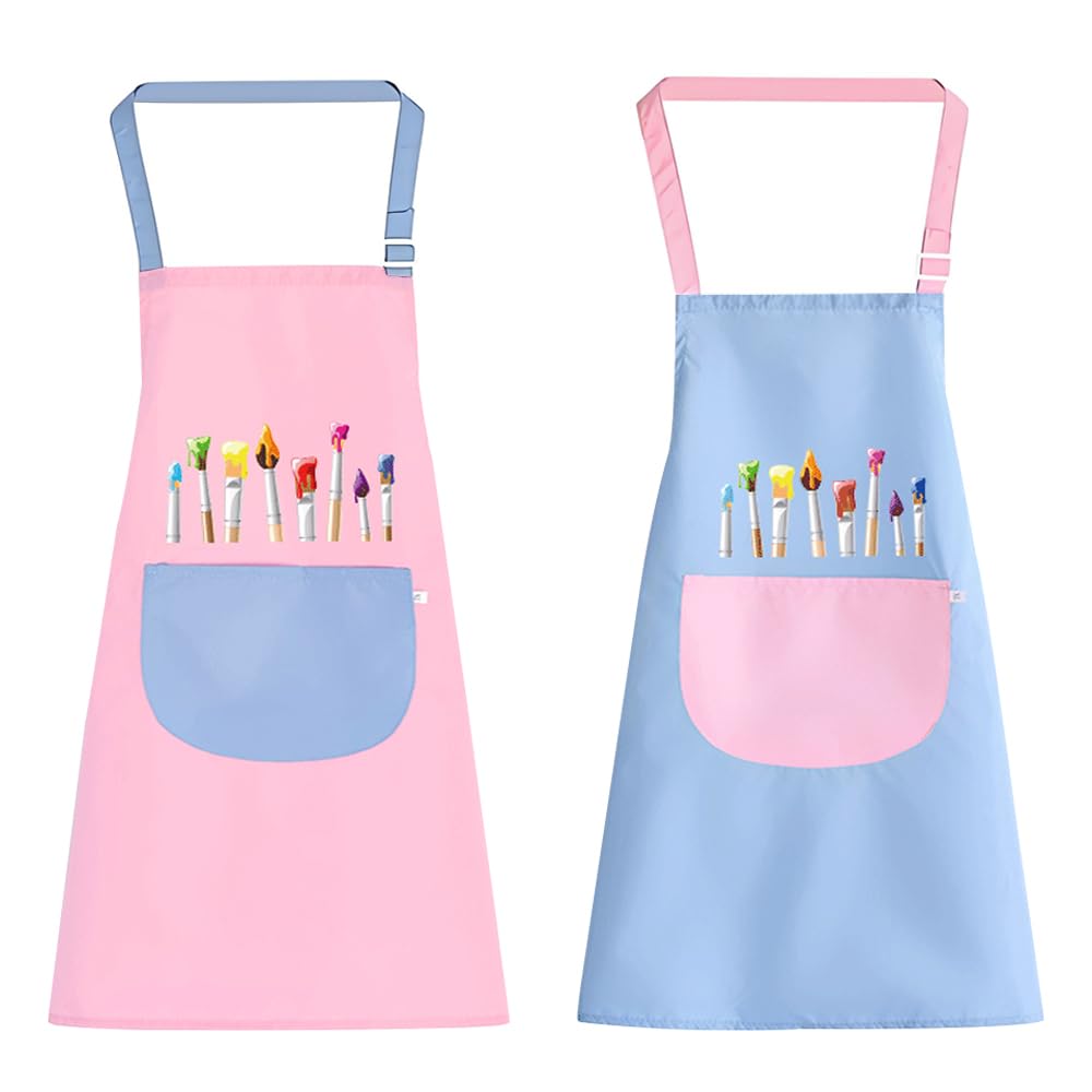Lunyloer Kids Painting Apron, 2Pcs Kids Apron with Pockets, Adjustable Waterproof Kid Aprons for Painting Kitchen Painting Cooking Baking (Pink and Blue)