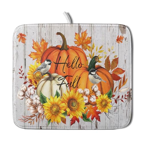 Hello Fall Dish Drying Mat for Kitchen Counter 16x18 Inch Orange Pumpkin Absorbent Drying Pad with Hanging Loop Autumn Home Decoration at Amazon