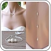 Yheakne Boho Pearl Back Chain Necklace Silver Pearl Crystal Backdrop Necklace Body Chain Long Bridal Back Drop Chain Summer Beach Body Jewelry for Women