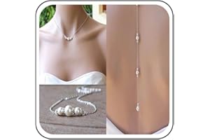 Yheakne Boho Pearl Back Chain Necklace Silver Pearl Crystal Backdrop Necklace Body Chain Long Bridal Back Drop Chain Summer Beach Body Jewelry for Women