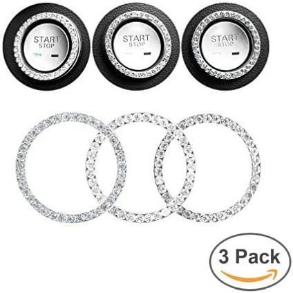 Bling Silver Ring Emblem, Younglingn 3 pack Car Décor Crystal Rhinestone Accessories Beautify Ignition Button Key &amp; Knobs Bling and Shine Car Interior, Premium Gift for Women