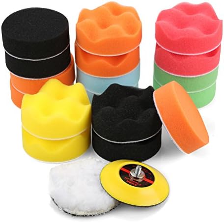 19pcs 80mm Compound Drill Polishing Buffing Waxing Sponge Pad Kit for Car Sanding, Waxing, Sealing Glaze - 9 Flat Polishing Pads + 8 Waffle Polishing Pads + 1 White Woolen Pad + 1 Adhesive Backer Pa
