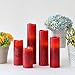Flameless Tall Red Pillar Candles, Set of 5, Glowing LEDs, Distressed Wax Finish, Remote & Batteries Included