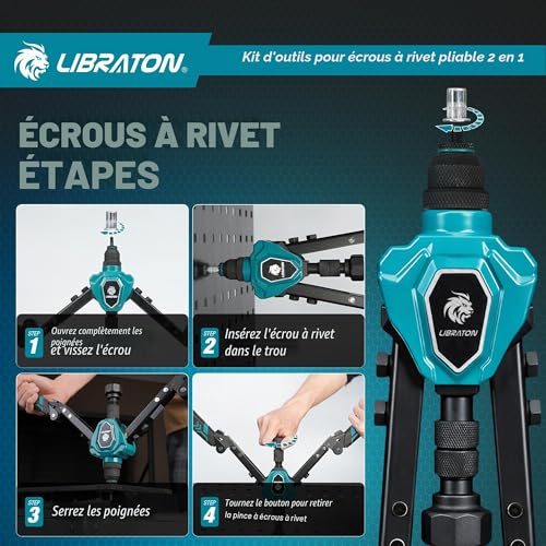 LIBRATON 2 in 1 Folding Threaded Insert Rivet Pliers, 7 Mandrels (M3-M12) & 5 Bits (2.4-6.4mm), Includes 70 Crimp Nuts and 200 Pop Rivets, Powerful Manual Tool for Auto and DIY