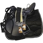 Lussoro Leather English Riding Horse Black Saddle Starter Kit 7 Pcs Combo Pack with Bridle, Reins, Saddle Pad, Stirrups, Girths, Bit