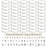 100 Pcs Women Jewelry Making, 50 PCS Expandable Bangle Adjustable Silver Wire Bracelets, 50 PCS Silver Charms Pendants DIY for Necklace Bracelet