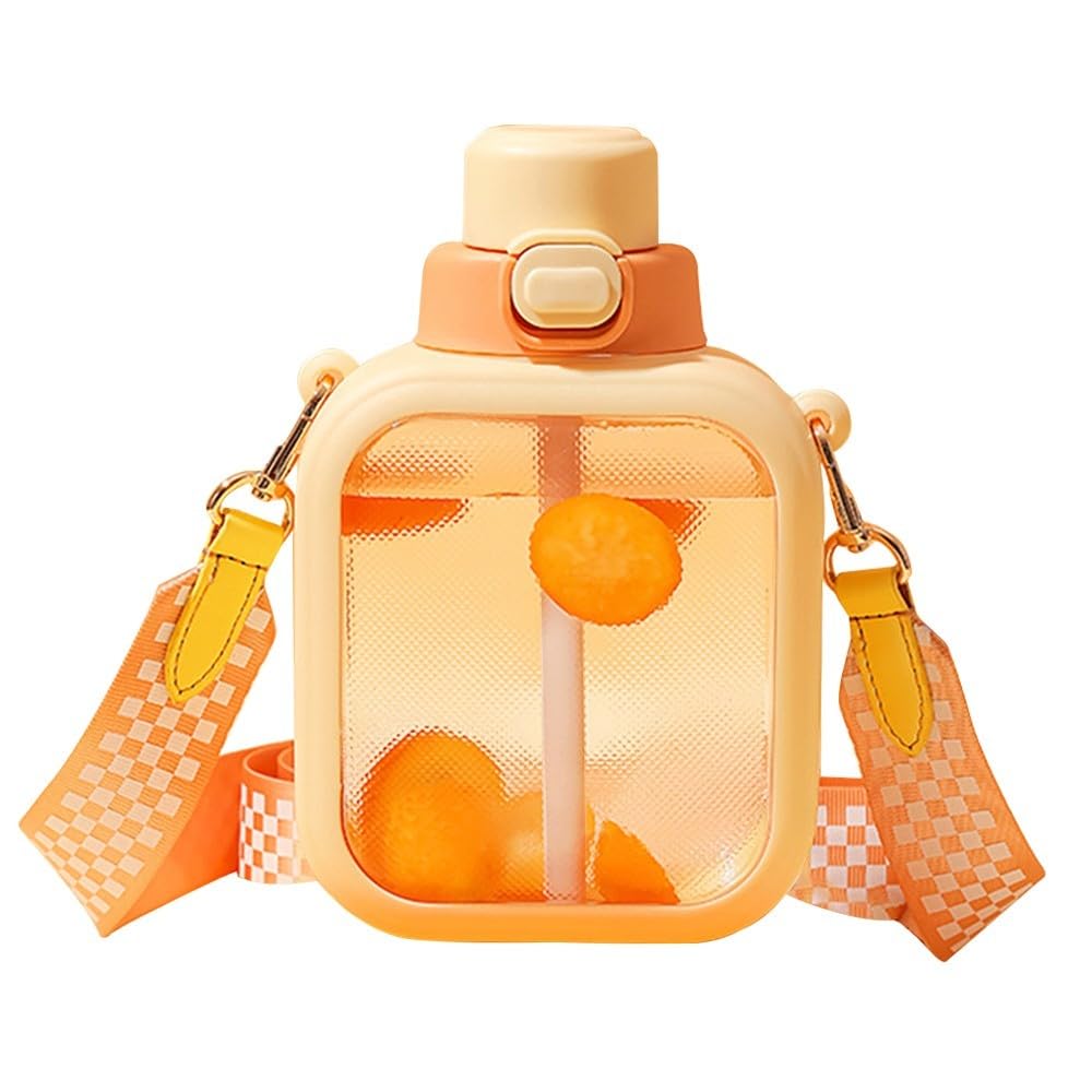 Flat Water Bottle, Cute Square Bottle with Straw & Strap Leakproof Outdoor Supplies for Women Girls Summer Sports 24oz (700ML)
