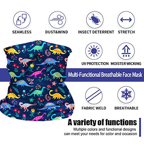 TIANSHI 2Pcs Neck Gaiter Kids Face Mask, Uv Protection Face Cover Bandanas Scarf, Face Bandana for Kids (Dinosaur #1)