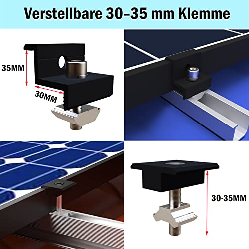 Solar Panel Bracket Flat Roof, Aluminium Photovoltaic Mounting Rail 12 cm, Adjustable Black Clamp for 30-35 mm Thick Modules, Solar Panel Mount Mounting Set, 2 Modules, Suitable for Flat Roof Trapezoidal Roof