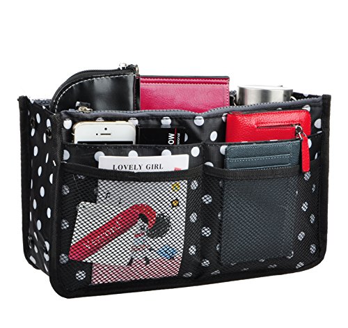 Vercord Updated Purse Handbag Organizer Insert Liner Bag in Bag 13 Pockets Black Dot Medium