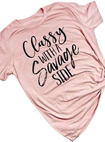 LAMOSKY Women Classy With A Savage Side Print Short Sleeve O Neck Summer T-Shirt Size L (Pink)