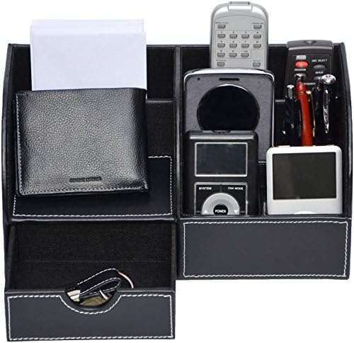 Office Desk Organizer + Drawer Keeps Supplies, Desktop Accessories Neat. Perfect for Executive. Business Card Holder. Home and Kitchen Organization. Faux Leather. Vintage Retro Furniture. Black