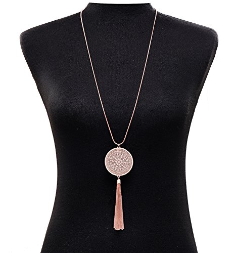 MOLOCH Long Necklaces For Woman Disk Circle Pendant Necklaces Tassel Fringe Necklace Set Statement Pendant (rose gold)