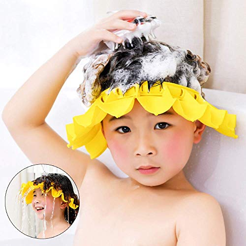 Baby Silicone Shower Cap with Bathing Brush Adjustable Infants Shampoo Caps Hat Safety Bath Visor Cap Soft Stretchy Protect Eyes Ears (Yellow)