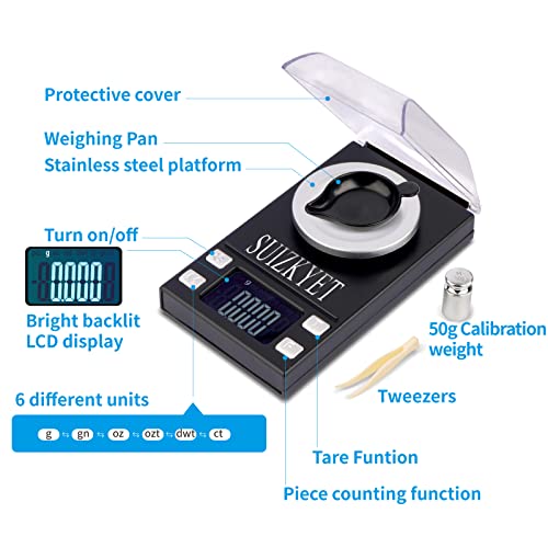 Ultra-High Precision Milligram Scale 50g X 0.001g, MG Reloading Scale with 50g Calibration Weight, Small Pocket Powder Scale for Jewelry Gold Herb 6 Units Coversion and Bright LCD Display