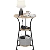 Dulcii 3-Tier Round Side Table with Storage, Industrial End Table for Living Room, Rustic Wood &amp; Metal Bedside Nightstand, Accent Plant Stand for Bedroom Corners &amp; Small Spaces
