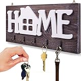 I.S.Company- Key Holder for Wall “Home” Natural Wood | Decorative Rustic Key Ring Holder w/ 5 Hooks, Premium Organizer for Living Area, Kitchen, | Wall-Mounted Keyring Rack (Special Brown)
