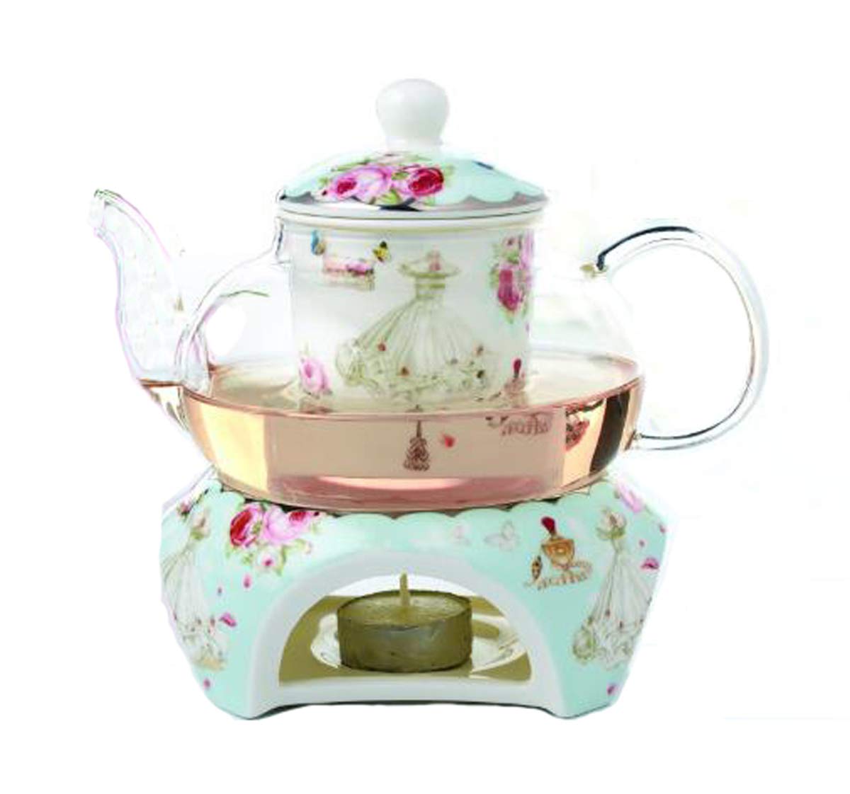 YBK Tech Bone China and Glass Coffee Pot Teapot with Warmer and Tea Infuser (Blue (Rose and Dress Patterns))